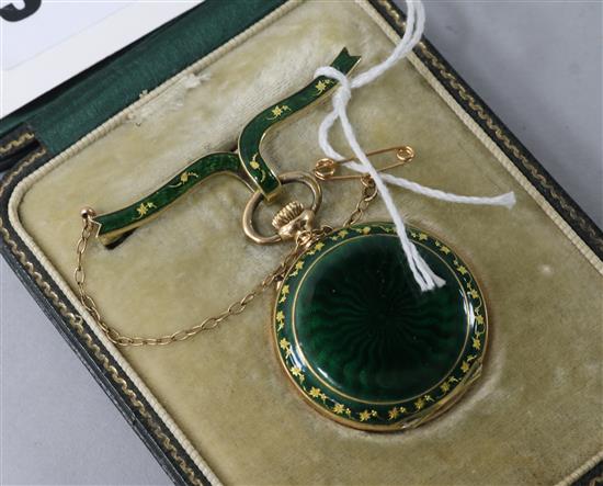 An early 20th century Swiss 14ct gold and guilloche enamel fob watch with brooch suspension,